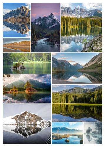 Collage de paisajes para impresión premium: playas, lagos y montañas. Crea el tuyo