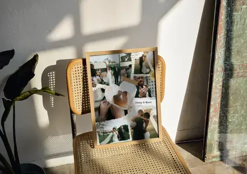 Collage estilo scrapbook de boda y compromiso