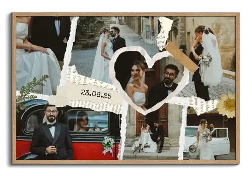 Collage estilo scrapbook de boda y compromiso