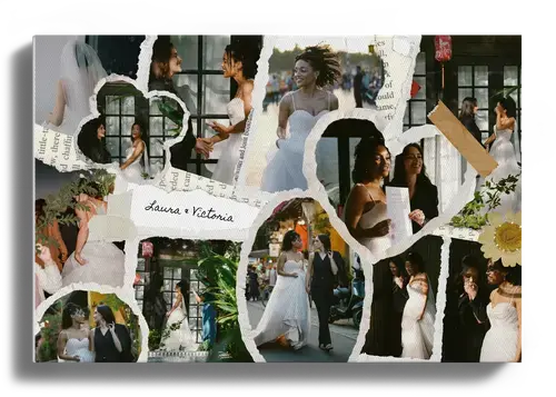 Collage estilo scrapbook de boda y compromiso