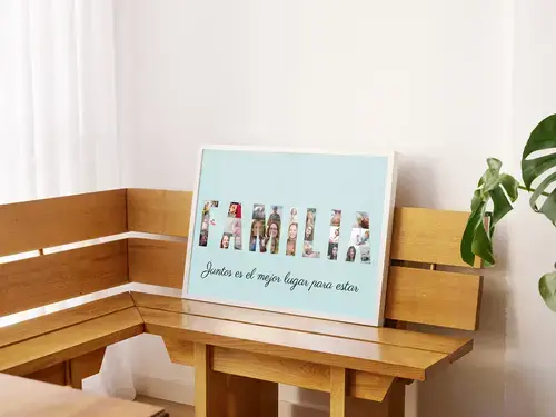 Collage personalizada "FAMILIA" con fotos y fondo turquesa