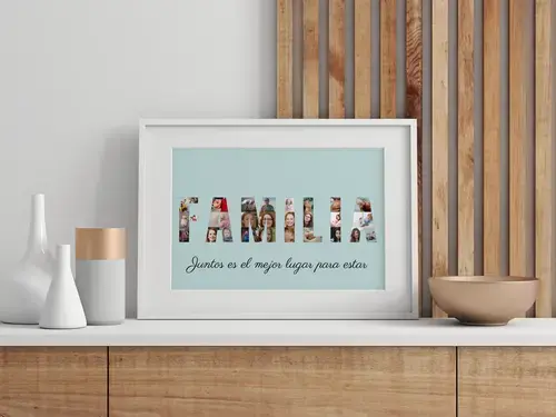 Collage personalizada "FAMILIA" con fotos y fondo turquesa