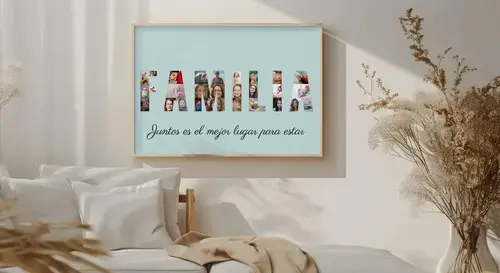 Collage personalizada "FAMILIA" con fotos y fondo turquesa