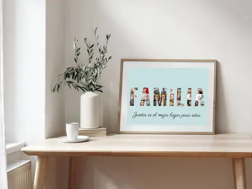 Collage personalizada "FAMILIA" con fotos y fondo turquesa