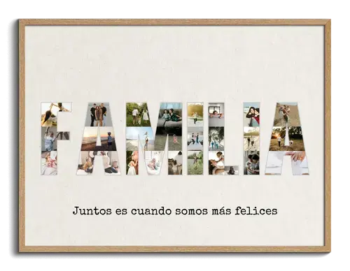 Collage personalizada "FAMILIA" con fotos y fondo turquesa
