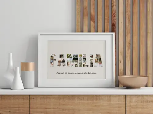 Collage personalizada "FAMILIA" con fotos y fondo turquesa