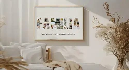 Collage personalizada "FAMILIA" con fotos y fondo turquesa