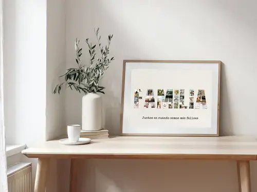 Collage personalizada "FAMILIA" con fotos y fondo turquesa