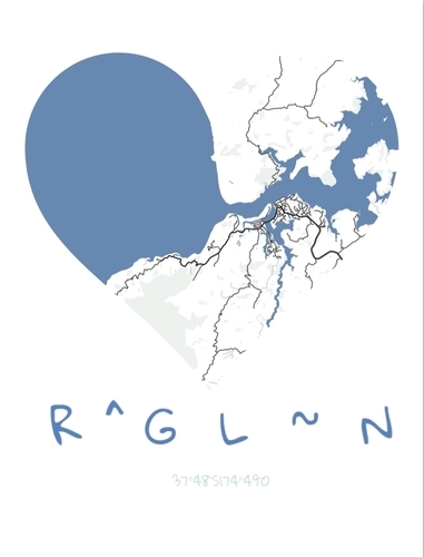 Póster vertical de mapa urbano en forma de corazón, en azul y blanco, con coordenadas personalizadas