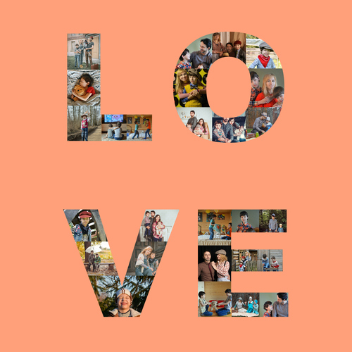 Crea tu collage "LOVE" con fotos personales y moderna elegancia en fondo naranja