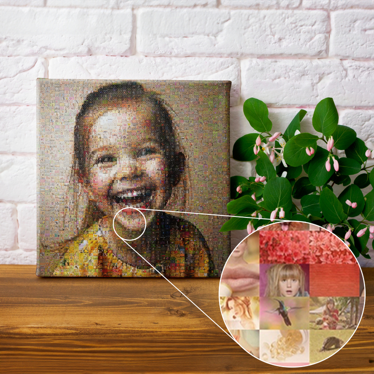 Fotomosaico con fotos de niños sobre lienzo: un retrato formado por muchas imágenes pequeñas
