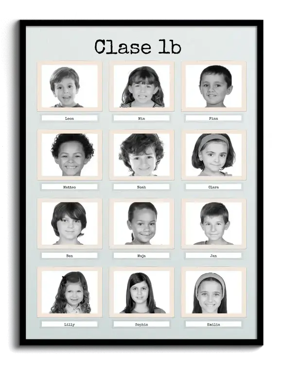 Fotos de todos los alumnos de una clase con nombres etiquetados como collage facilmente creado