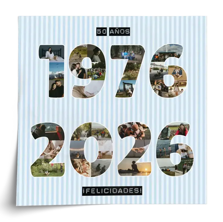 Ano de nacimiento y cumpleanos como collage de fotos con numeros y texto