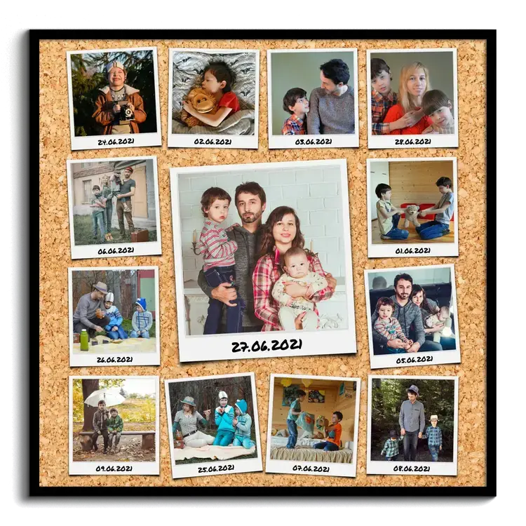 Collage creativo con fotos polaroid etiquetadas en tablero