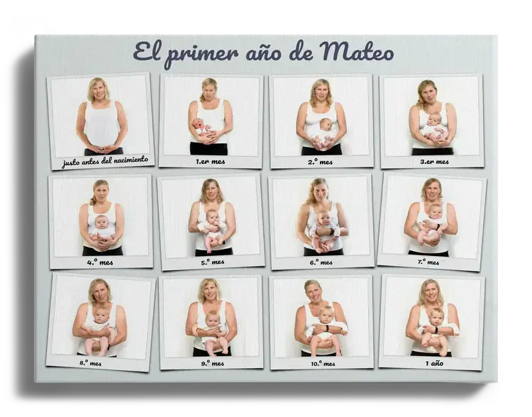 Primer ano del bebe como serie de fotos con etiquetas