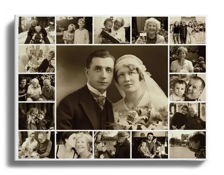 Foto familiar como collage con efecto sepia imagen grande en el centro