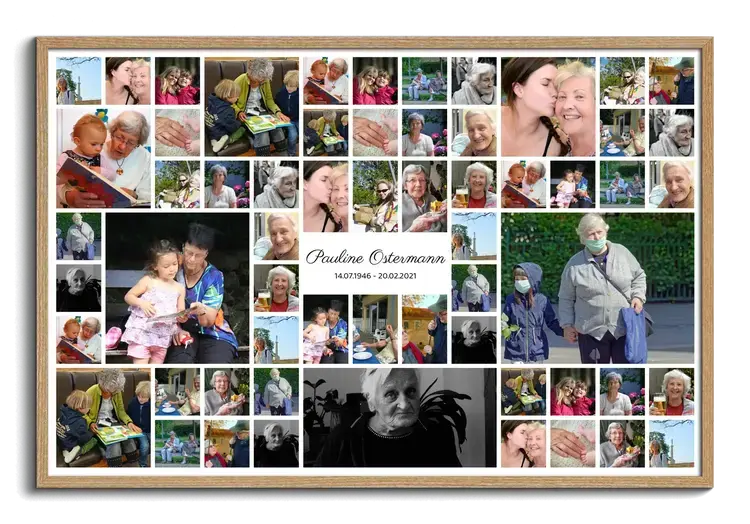 Collage con muchas fotos en recordatorio por fallecimiento