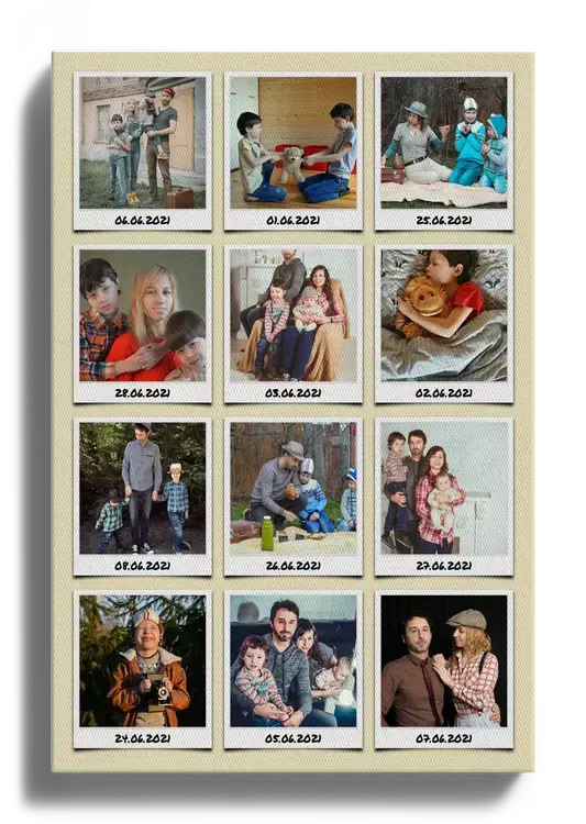 Collage de fotos como cuadricula con polaroids etiquetadas de vacaciones